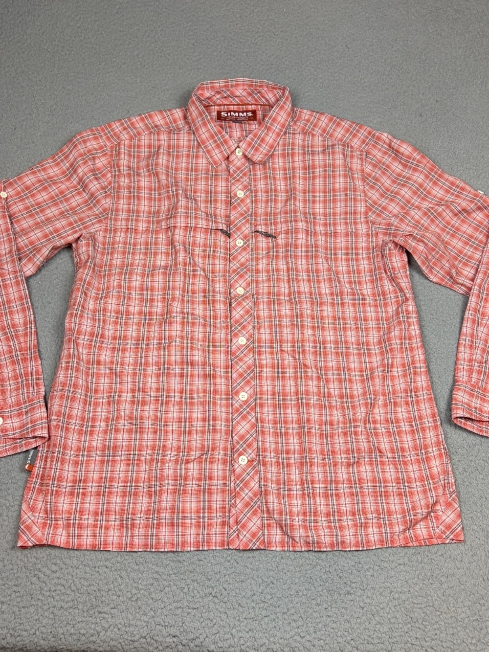 Simms Fishing Shirt Large Red Plaid Nylon Outdoor Casual Button Up Long Sleeve